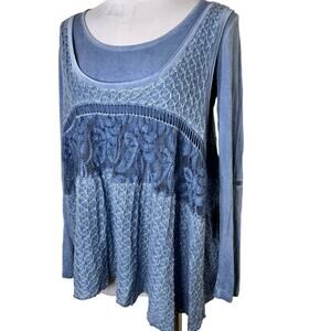 2 Piece Fleur De Lis Sweater Tank Tee SMALL Blue Knit Lace Layered Long Sleeve